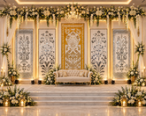 5 Panel Mirror Wedding Stage Backdrop Set with Peacock Center Panel with Tree & Floral Vine Panels (only mirror & stencil) -BAPS-14)