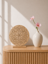 Round MDF premarked mandala design board with floral and swirl pattern, perfect for Lippan art, dot painting, rangoli decoration, and DIY wall art projects.