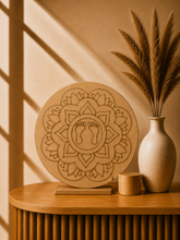 Round lotus mandala MDF board with sacred footprints design in the center, ideal for Lippan art, spiritual décor, rangoli making, and DIY craft projects.