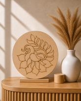 Round MDF swan floral design board with elegant leaf pattern, perfect for Lippan art, mirror work, mandala decoration, and DIY craft projects.