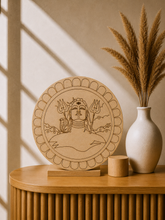 Round MDF Shiva design board with Mahadev face, trishul, and snake artwork, perfect for Lippan art, mandala decoration, and spiritual DIY craft projects.