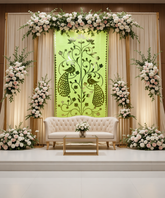 Elegant peacock mirror wall panel with floral vine detailing and lotus design on a light green decorative background.