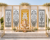 5 Panel Mirror Wedding Stage Backdrop Set with Peacock Center Panel with Tree & Floral Vine Panels (only mirror & stencil) -BAPS-14)