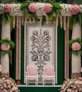 Elegant floral mirror wall panel with intricate silver mirror artwork and decorative geometric border detailing.