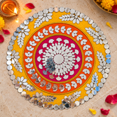 10 Inch Ready Made Round Mirror Rangoli on Transparent Sheet with Gold & Silver Ring Options--ST-86