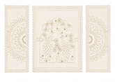 Three-piece premarked MDF wall panel set with peacock, floral vine, and mandala border design for Lippan art and home décor projects.