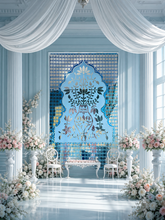 Elegant blue floral mirror wall panel with intricate vase and lotus design featuring detailed silver mirror artwork.