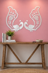 Elegant blue peacock mirror wall design with floral vine detailing and traditional handcrafted decorative artwork.