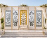 5 Panel Mirror Wedding Stage Backdrop Set with Peacock Center Panel with Tree & Floral Vine Panels (only mirror & stencil) -BAPS-14)