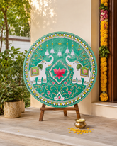 Elephant Lotus & Hanging Bell Round Mirror Work Panel (Ready Piece) 24*24 inch- BAPS-44