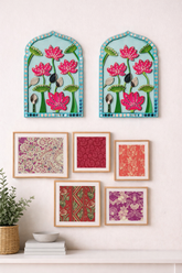 Arch shape MDF lotus floral cutout design with layered lotus flowers and bud pattern, perfect for Lippan art, mirror work, wall decoration and DIY craft projects.