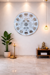 Round MDF peacock and lotus design board with floral mandala pattern, decorative premarked wooden base for Lippan art and DIY home décor projects.