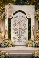 Traditional floral mirror arch panel with elegant silver mirror border detailing and intricate handcrafted floral artwork.