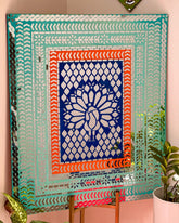 Hand-painted peacock design floor art board with traditional blue, white and red patterns, decorative MDF panel for home décor and Lippan art display.