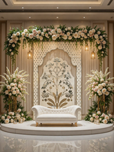 Traditional floral mirror arch panel with elegant peacock and lotus detailing in silver mirror artwork on a premium decorative layout.
