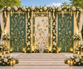 3 Panel Peacock Mirror Stage Backdrop Set with Floral Vine Side Panels (only mirror & stencil)-BAPS-15