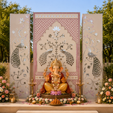 Peacock Lotus Jharokha Mirror Work 3 Panel Backdrop(Ready Piece)8*8 Feet - BAPS-43