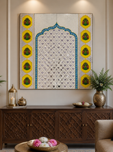 Traditional MDF backdrop panel with intricate lotus pattern engraving and decorative peacock side border detailing.