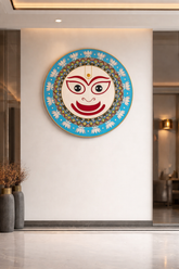 Round Maa Durga face MDF design board with lotus mandala border, decorative premarked wooden base for Lippan art, Navratri décor and DIY craft projects.