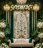 Traditional lotus floral mirror wall panel with intricate silver mirror detailing and elegant arch design on a green decorative background.