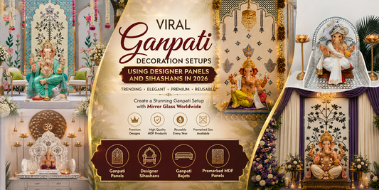viral Ganpati decoration setups for 2026 featuring designer panels, decorative sihashans, Ganpati bajots, and premarked MDF panels