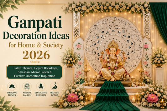 Ganpati decoration setup with mirror panels, decorative sihashan, floral décor, warm lighting, and Lord Ganesha idol for home and society decoration ideas 2026.
