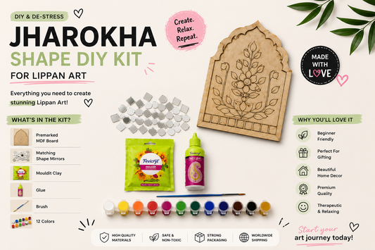 Jharokha Shape DIY Lippan Art Kit with premarked MDF board, mirrors, Mouldit clay, glue, brush, and colors by Mirror Glass Worldwide.