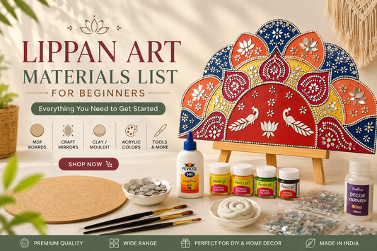 Lippan Art materials setup for beginners featuring colorful premarked MDF board, craft mirrors, acrylic colors, clay, glue, brushes, and DIY mirror work supplies arranged for a Shopify blog banner.