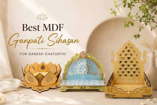 Minimal aesthetic banner featuring three MDF Ganpati Sihasan designs for Ganesh Chaturthi with soft beige background, lotus-inspired décor, elegant golden tones, and modern festive styling.