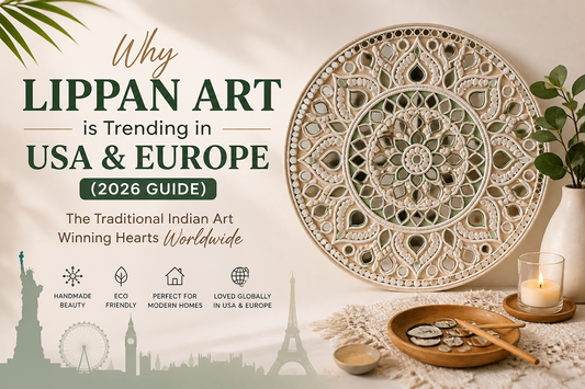 Why Lippan Art is trending in USA and Europe blog banner featuring mandala mirror design, traditional Indian mirror art wall decor, and modern DIY home styling concept