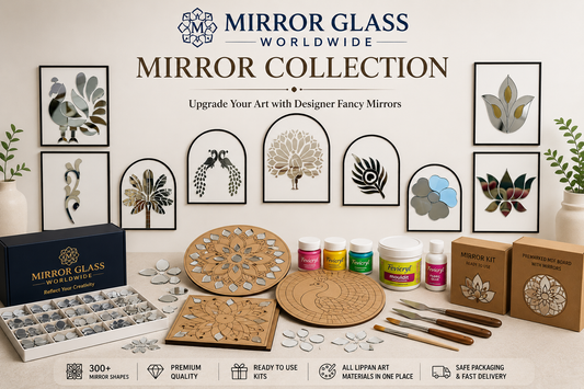 Mirror Glass Worldwide Lippan art materials collection with mirror shapes, premarked MDF boards, DIY kits and craft supplies