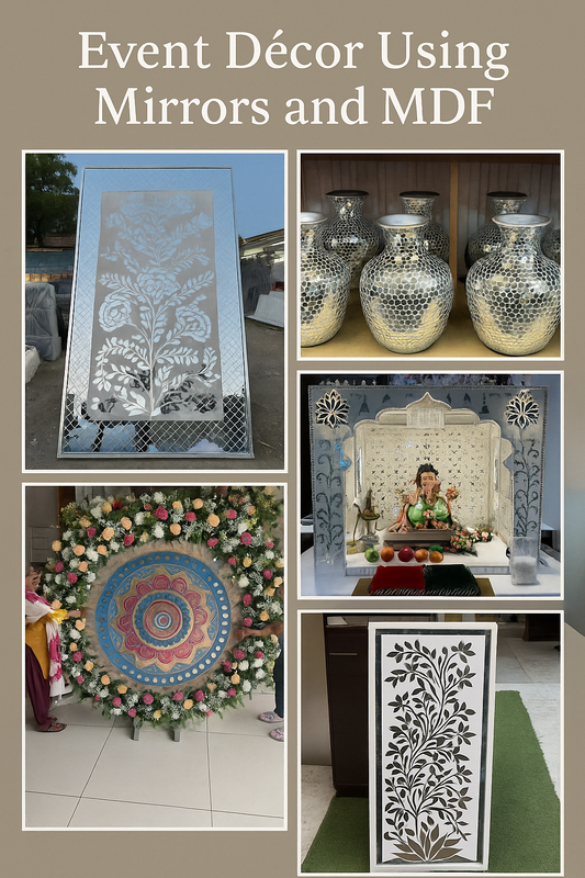 event décor using mirrors and MDF panels by Mirror Glass Worldwide — featuring floral mirror panels, mosaic vases, Ganpati setup with mirrored backdrop, round floral mandala frame, and intricate leaf design MDF panels