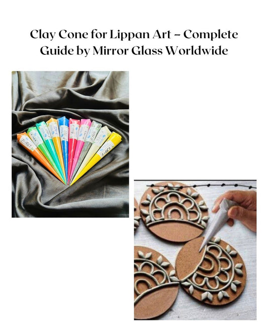 Clay Cone for Lippan Art – colorful clay cones arranged on fabric and artist using a cone to create traditional Lippan designs on MDF board – Mirror Glass Worldwide guide.