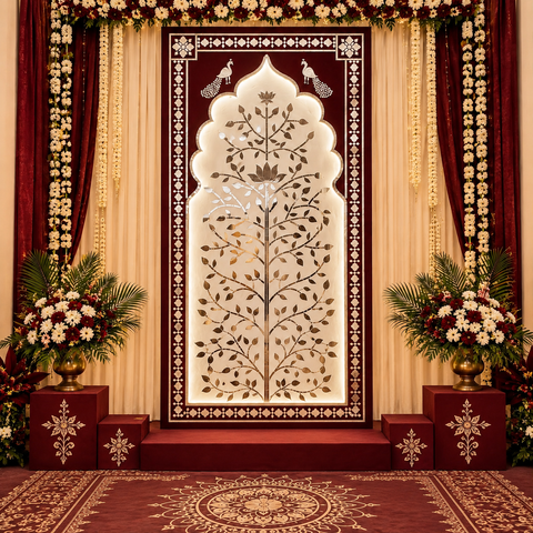 Lotus Tree Jharokha Mirror Work Ready Decorative Panel (Ready Piece)4*8 Feet - BAPS-35
