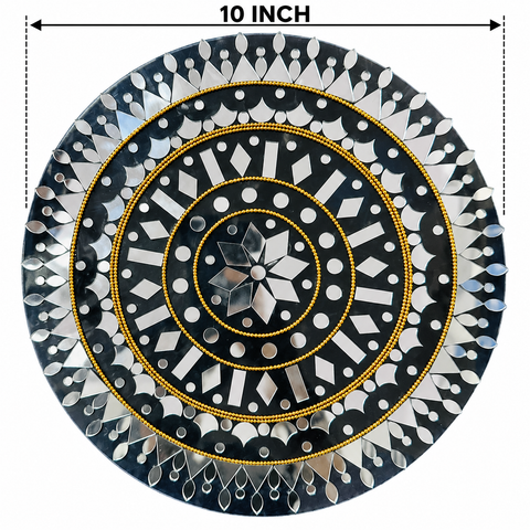 10 Inch Ready Made Round Mirror Rangoli on Transparent Sheet with Gold & Silver Ring Options--ST-87
