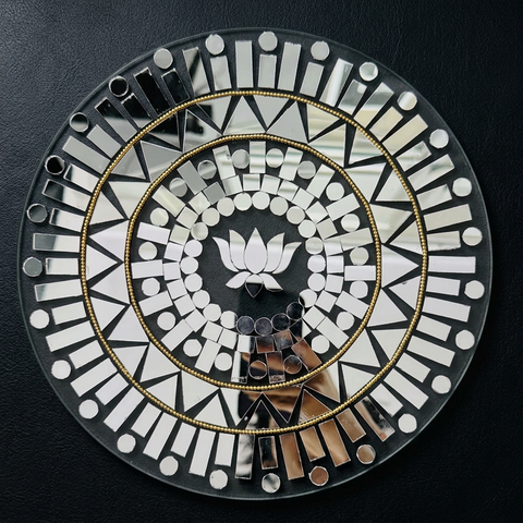 10 Inch Ready Made Round Mirror Rangoli on Transparent Sheet – Silver Mirror Work for Festive & Home Décor st-99