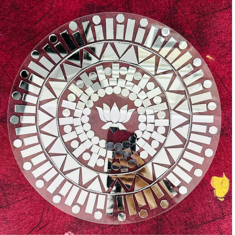 10 Inch Ready Made Round Mirror Rangoli on Transparent Sheet – Silver Mirror Work for Festive & Home Décor st-99