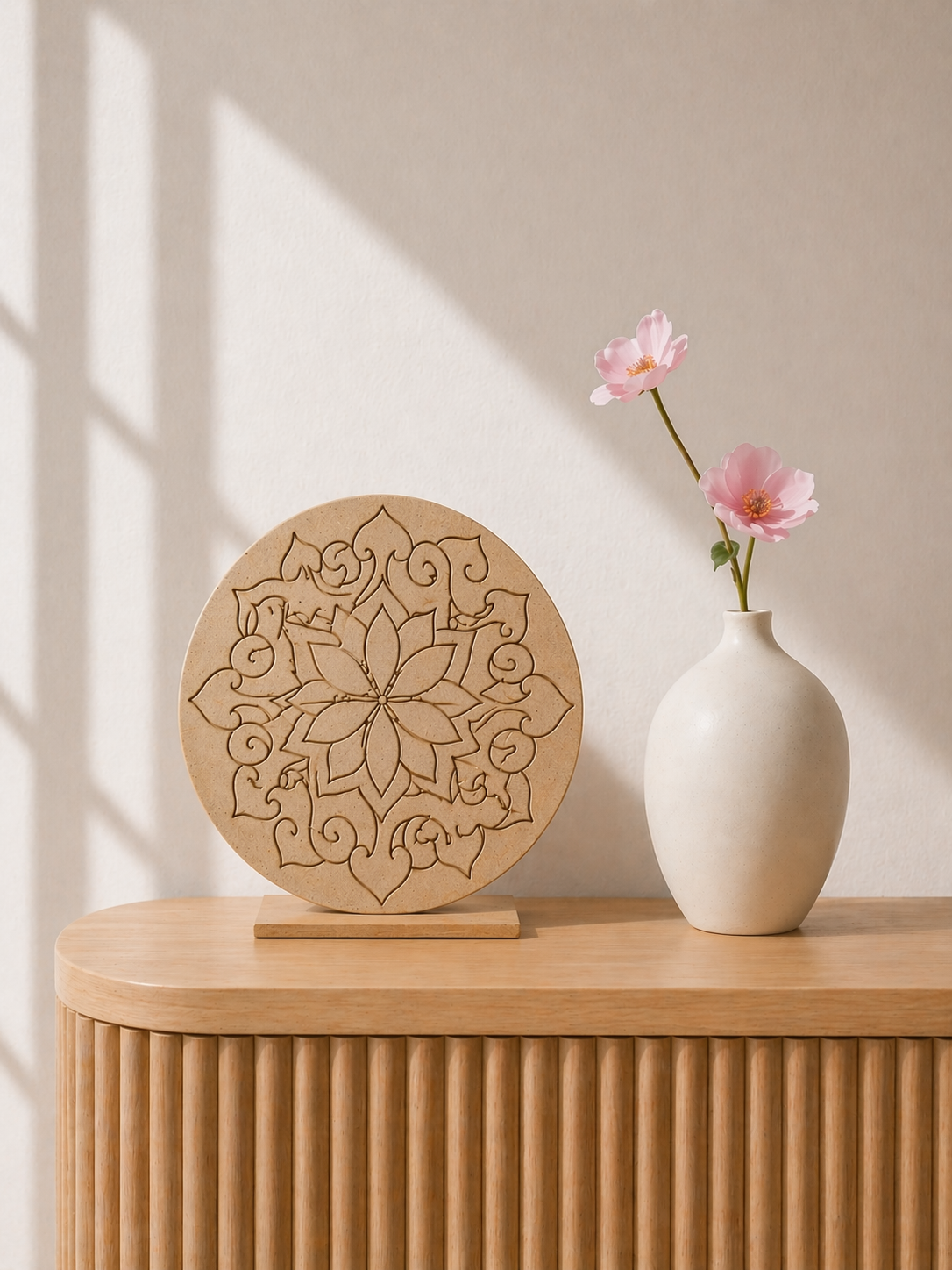 Round MDF premarked mandala design board with floral and swirl pattern, perfect for Lippan art, dot painting, rangoli decoration, and DIY wall art projects.