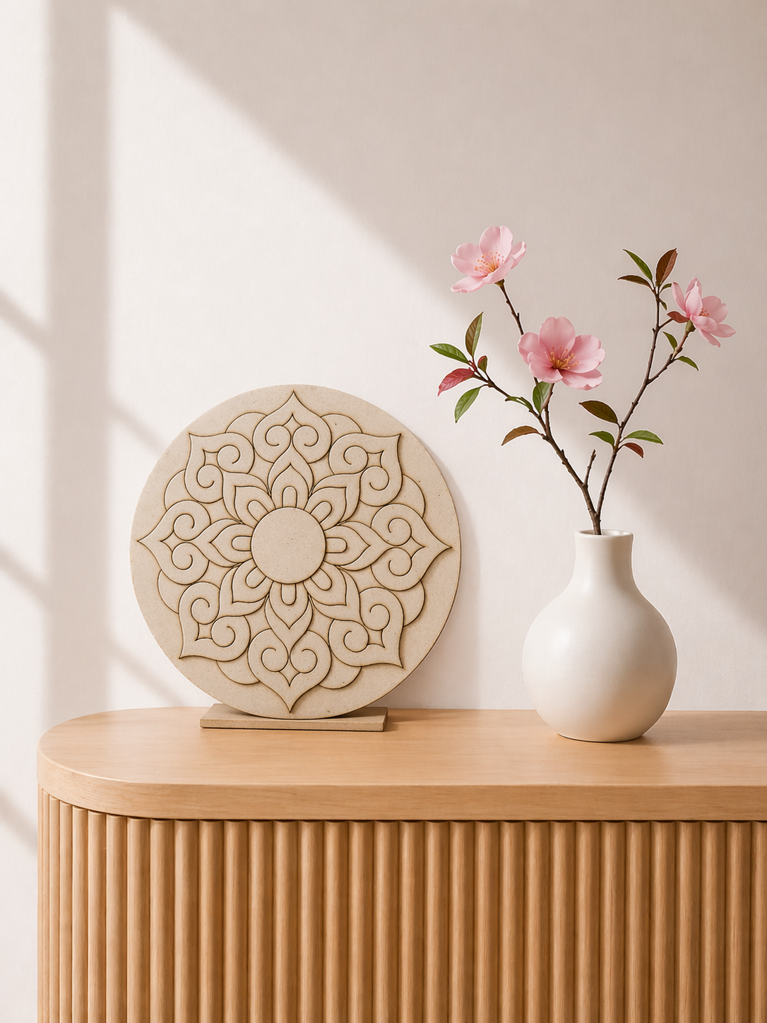Round MDF premarked mandala design board with floral pattern, perfect for Lippan art, dot painting, wall decoration, and DIY craft projects.