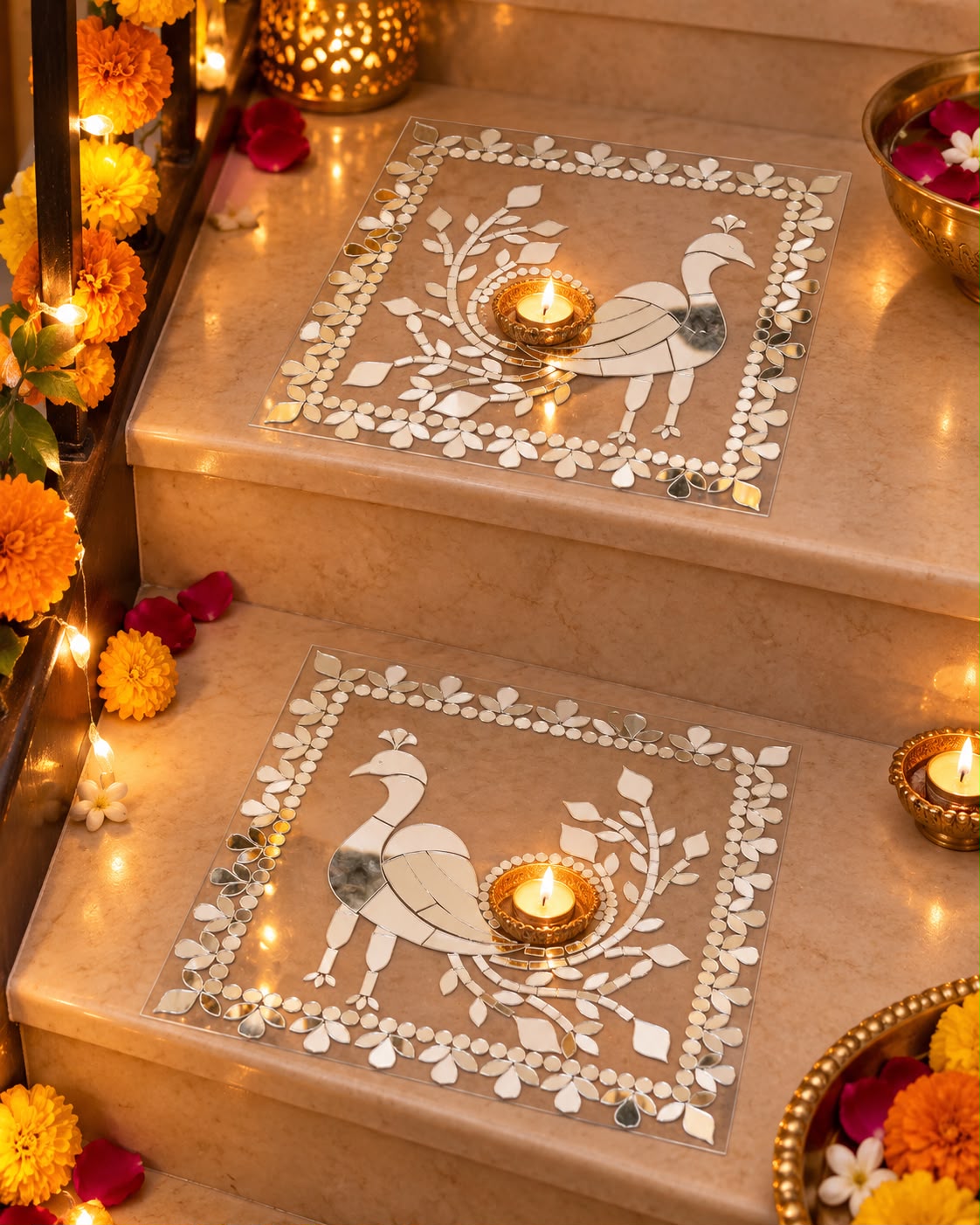 Premium Peocock Mirror Square Rangoli for Decore Ready Piece ST-82