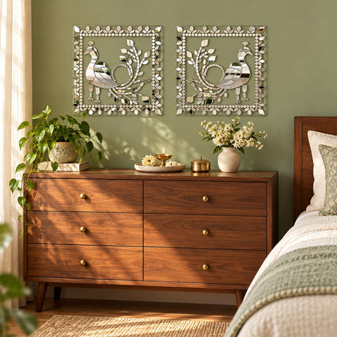 Premium Peocock Mirror Square Rangoli for Decore Ready Piece ST-82