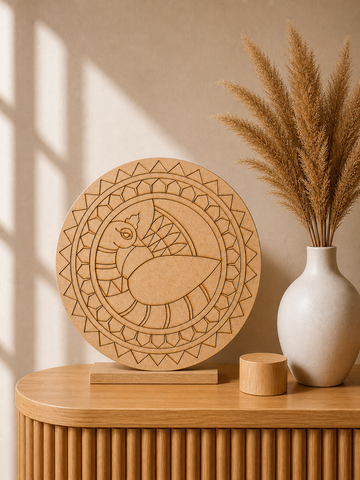 Round MDF peacock design board with geometric circular border pattern, ideal for Lippan art, mirror work, wall décor, and traditional DIY craft decoration.