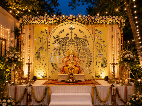 Feet Peacock Mirror Ganpati Decoration Panel Set Ready Piece for Event & Festival Decor-BAPS-12