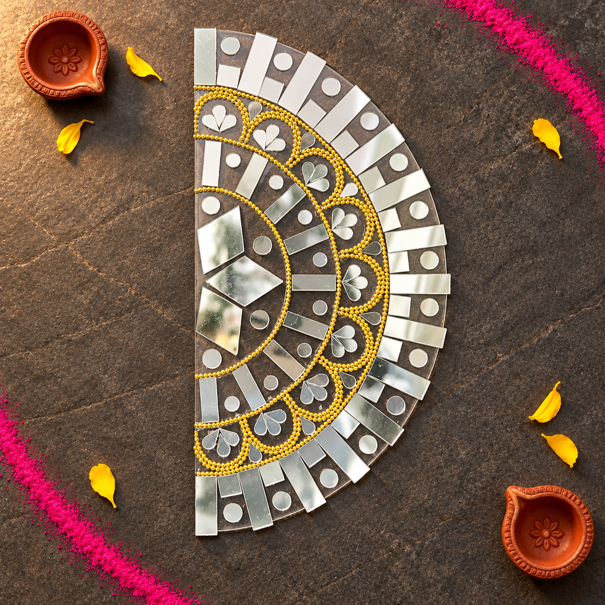 Ready to Use Half Round Mirror Patch 8 x 4 Inch on Transparent Base for Wall, Door & Festive Decoration ST-89