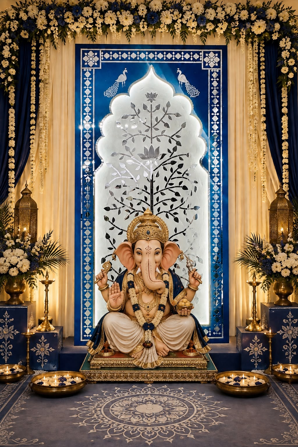 Lotus Tree Jharokha Stencil with Mirror for Lippan Art(Only Mirror & Stencil) -1378