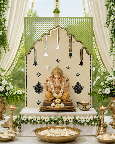 Jharokha Lippan Art Panel with Hanging Bell Design for Wall Decor (Ready Piece) 34.5*23.5 inc h- BAPS-4