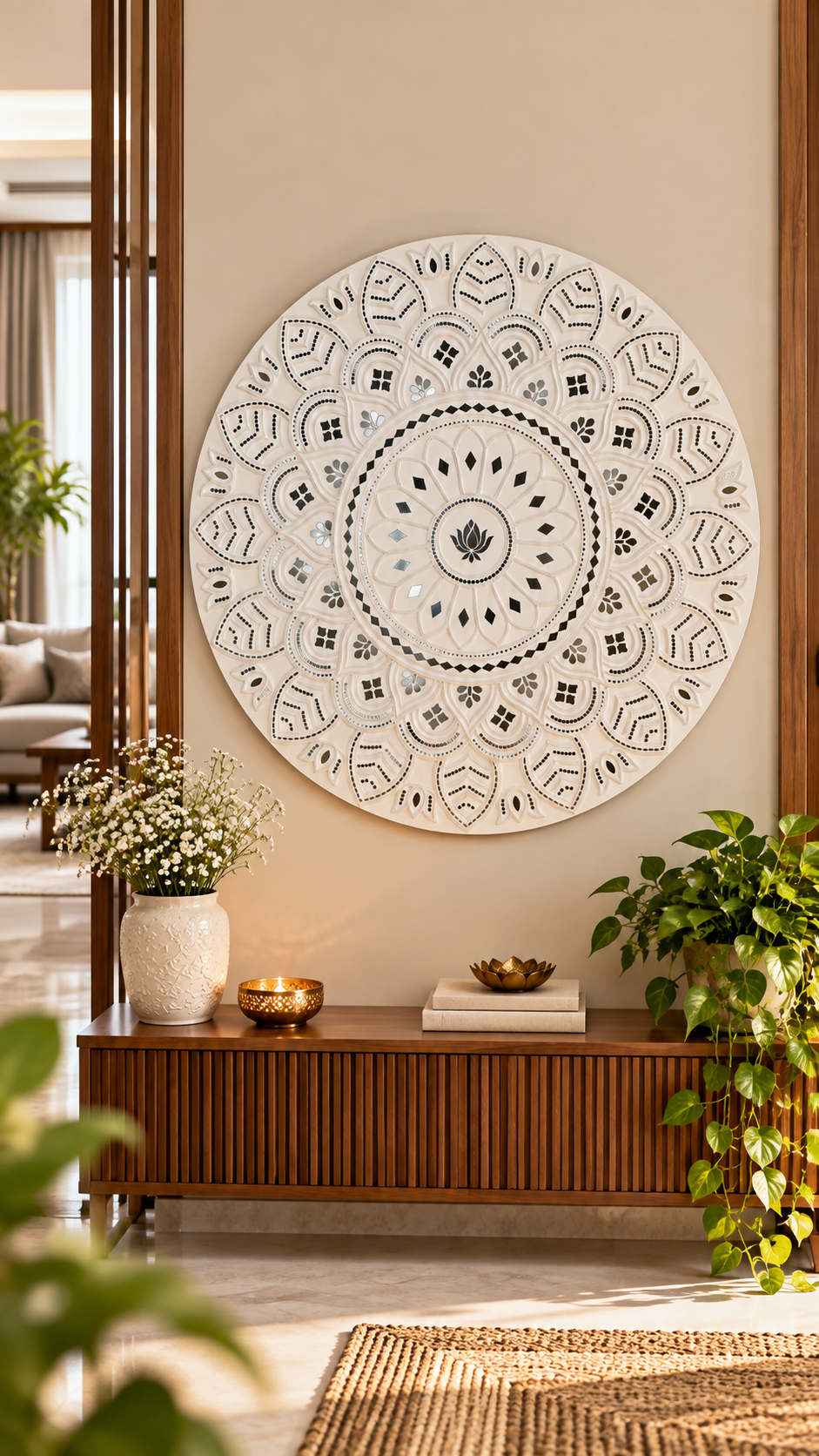 White Round Mandala Wall Decor Ready Piece with Mirror Work 30 inch- BAPS-8