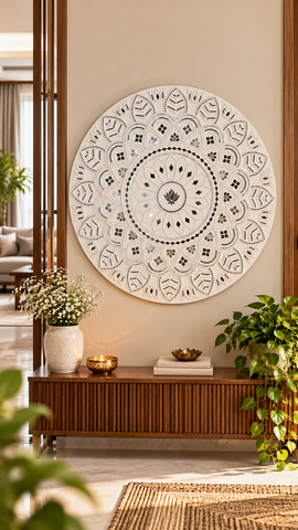 White Round Mandala Wall Decor Ready Piece with Mirror Work 30 inch- BAPS-8