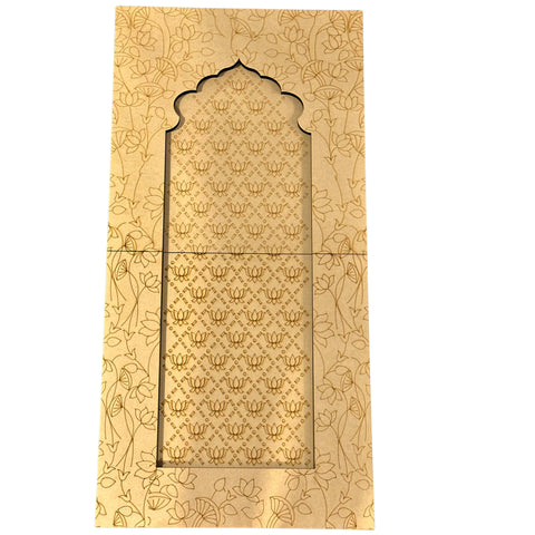 Premarked MDF arch panel with lotus floral border design, decorative laser cut MDF board for Lippan art, mirror work and wall decor crafts.