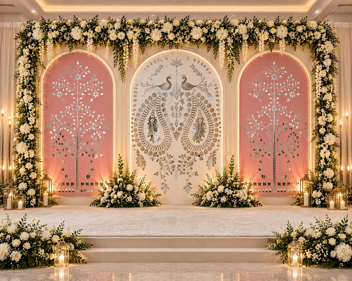 Luxury Mirror Work Wedding Stage Backdrop-BAPS-13